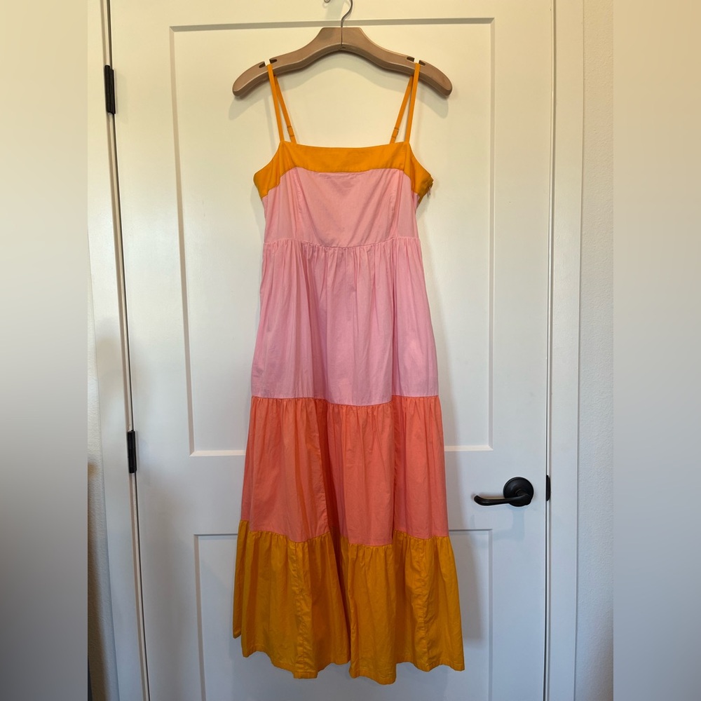 J Crew Tiered Maxi Sun Dress Color block Orange Pink preppy beachy vacation sz 6